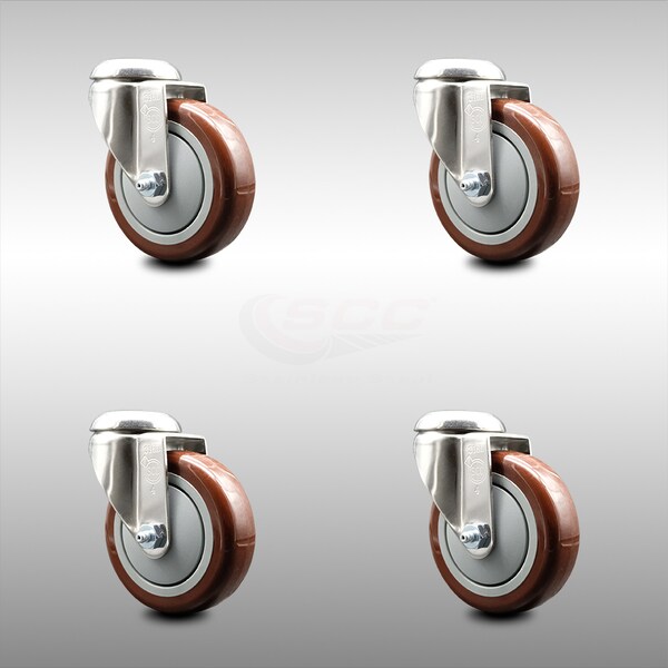 4 Inch 316SS Maroon Polyurethane Wheel Swivel Bolt Hole Caster Set SCC